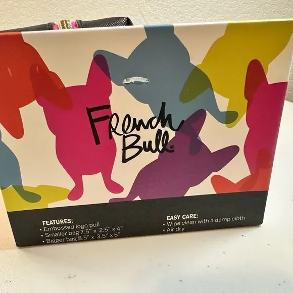 NIB French Bull 2 Piece Black and Pink Cosmetic Bag Set Heart Graphics - Picture 3 of 7